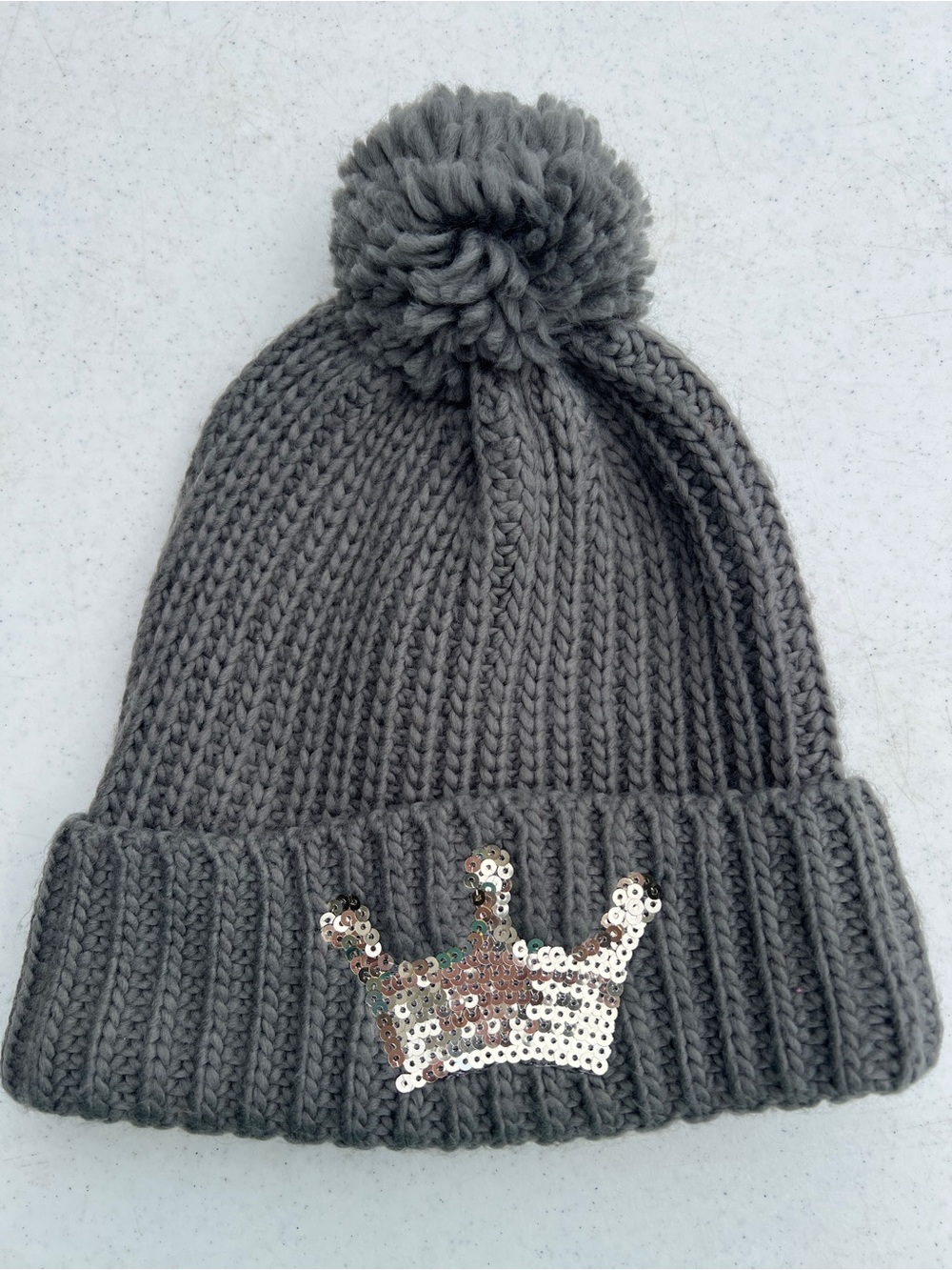 Disney Gray Pom Pom Beanie with Sequin Crown